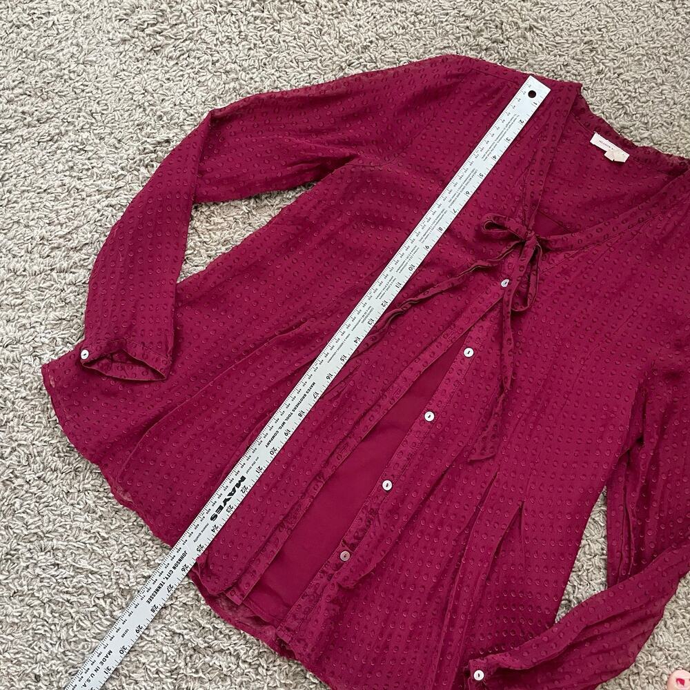 Meadow Rue Anthropologie Red Silk Blend Button Up Blouse Neck Tie Clip Dot sz M - Picture 13 of 14